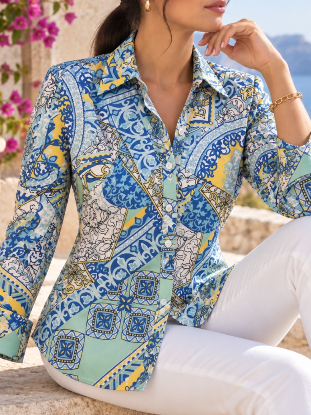 Boston Proper Blue Patchwork Print Button-Down Shirt